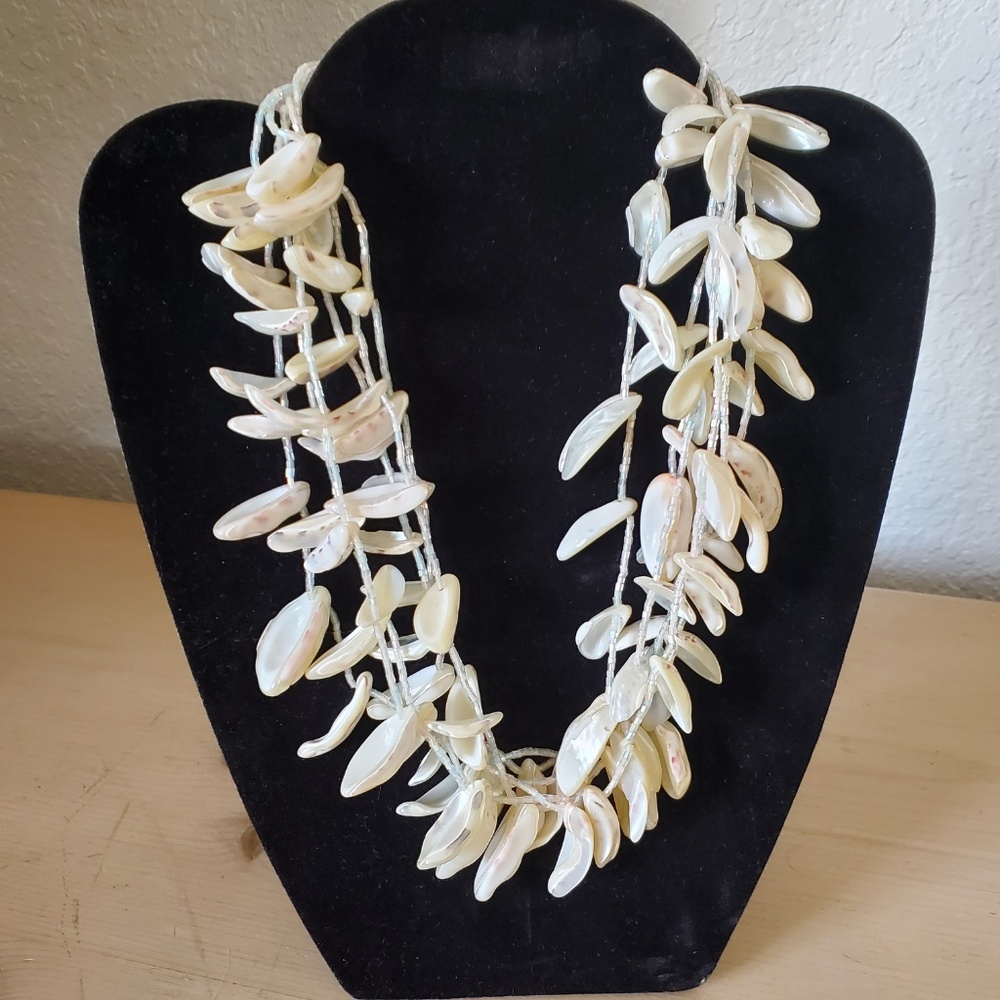 1970's 80's Elongated Mother Of Pearl Glass Beaded 6 Strand Tiered Bib Necklace